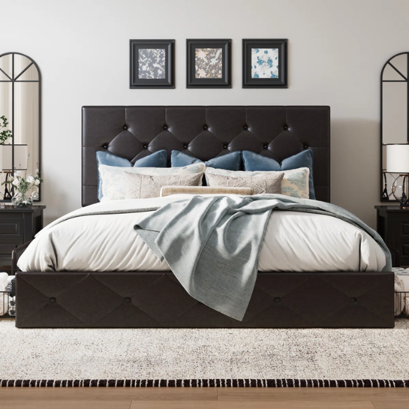 King Size Upholstered Platform Bed with Storage Drawers, Padded Headboard, and Sophisticated Button Tufting