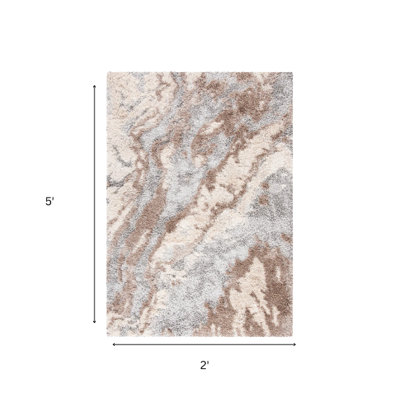 Plush Abstract Taupe, Grey, and White Pattern Shag Rug