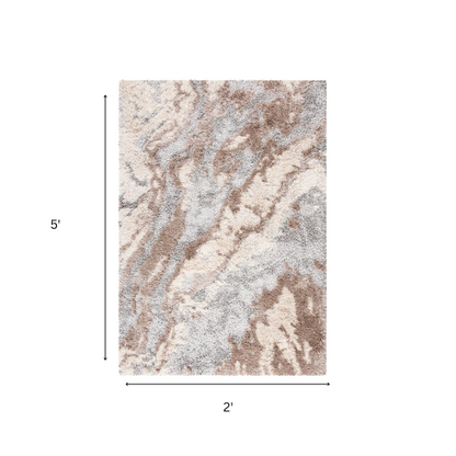 Plush Abstract Taupe, Grey, and White Pattern Shag Rug