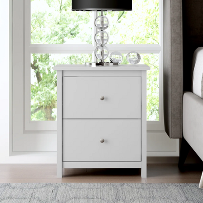 2-Drawer Nightstand – Neutral Engineered Wood, Streamlined Rectangular Design, Four Block Legs, Convenient Storage with Roller-Glide Drawers & Metal Knobs, Perfect for Traditional & Contemporary Bedroom