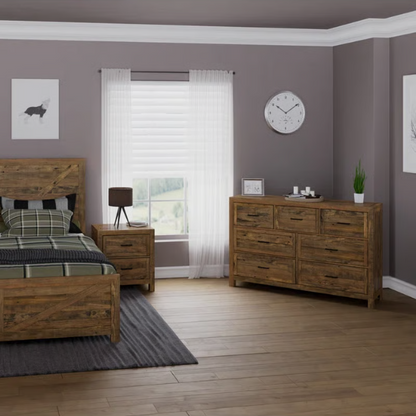 Rugged and Weathered 5-Piece King Bedroom Set – Solid Pine Wood Frame with Dark Brown Finish, Ball-Bearing Glide Drawers, Weathered Steel Hardware, and Ample Storage