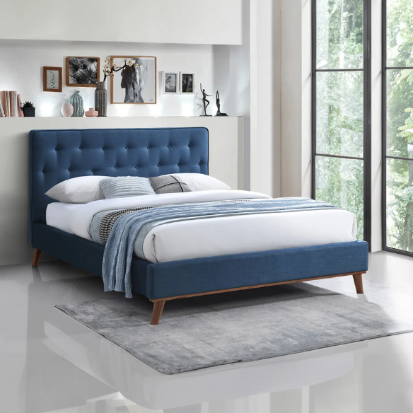 Modern Upholstered Platform Bed with Button Tufting and Eucalyptus Wood Frame – King Size