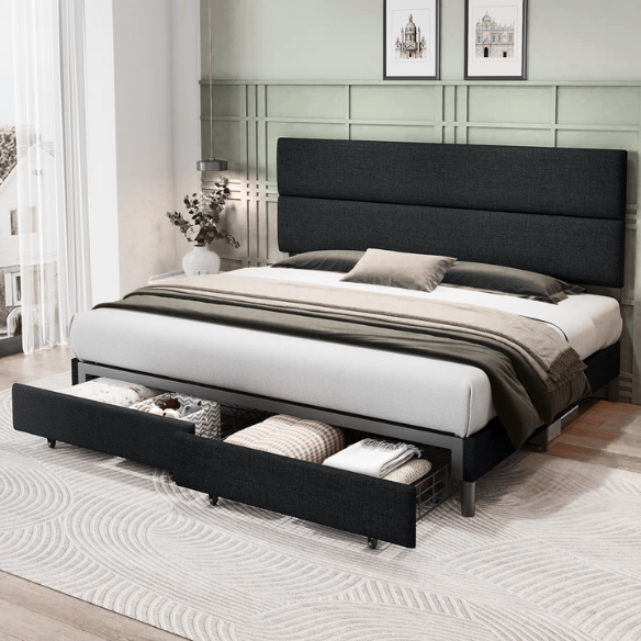 Linen Upholstered Bed Frame – Full/Double Size with Height Adjustable Headboard & 2 Built-In Storage Drawers