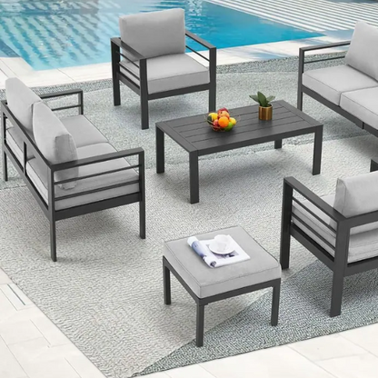 Modern Outdoor Patio Furniture Set | 7-Piece Conversation Set with Coffee Table and Cushions | Ideal for Balcony, Porch, and Lawn
