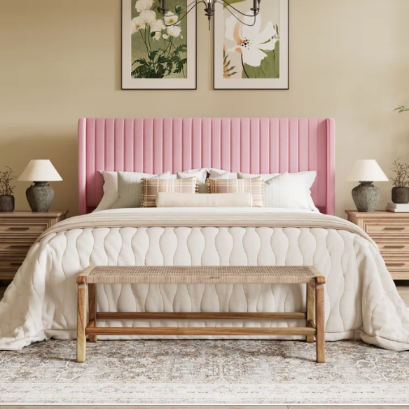 King Size Upholstered Platform Bed with Wingback Headboard – Simple, Elegant Design, Sturdy Wooden Slats, No Box Spring Needed for a Luxurious Sleep Experience