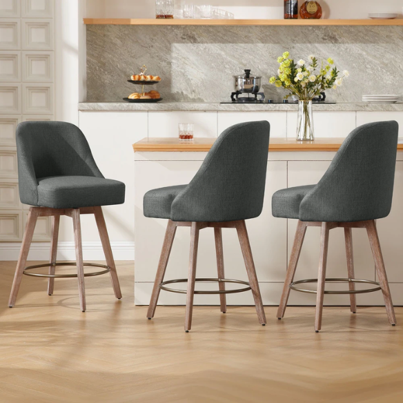 Modern Counter Height Swivel Bar Stool – Upholstered Faux Leather/Polyester Blend Seat, Solid Beech Wood Frame, Ergonomic High Back, Bronze Metal Footrest, 300lb Capacity for Kitchen, Bar, or Pub