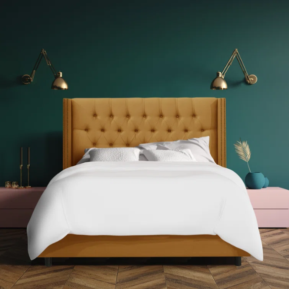 Timeless Upholstered Wingback King Size Bed with Button Tufting and Nailhead Trim