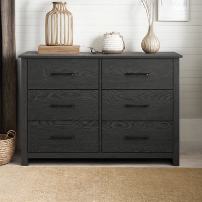 Modern 6-Drawer Double Dresser with Flared Feet and Sleek Black Metal Handles