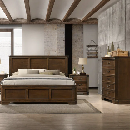 Transitional 6-Piece Bedroom Set with Panel Bed, Dresser, Mirror, Chest, and Nightstands – Featuring Trio Panel Headboard and Footboard, Dust-Proof Drawers, Dual-Tone Finish, and Dark Nickel Hardware for a Stylish and Functional Bedroom