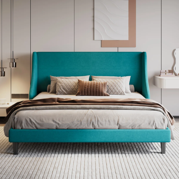 Luxurious King Size Upholstered Platform Bed with Deluxe Wingback Headboard – Soft Velvet and Linen Blend Upholstery, Sturdy Solid Wood Frame, and Modern Minimalist Design for Ultimate Comfort