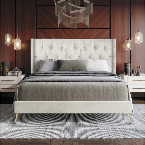Luxurious King Size Upholstered Wingback Bed with Velvet Upholstery – Elegant Diamond Tufting, Nailhead Trim, Gold-Finished Feet, and Foam-Padded Headboard for Ultimate Comfort and Style
