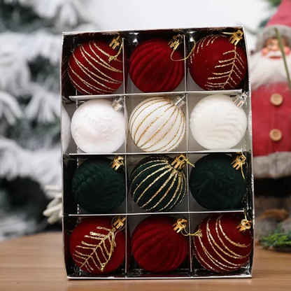 Red, Green & White Velvet-Flocked Christmas Ornaments – Luxurious Shatterproof Holiday Set (12 Pieces)