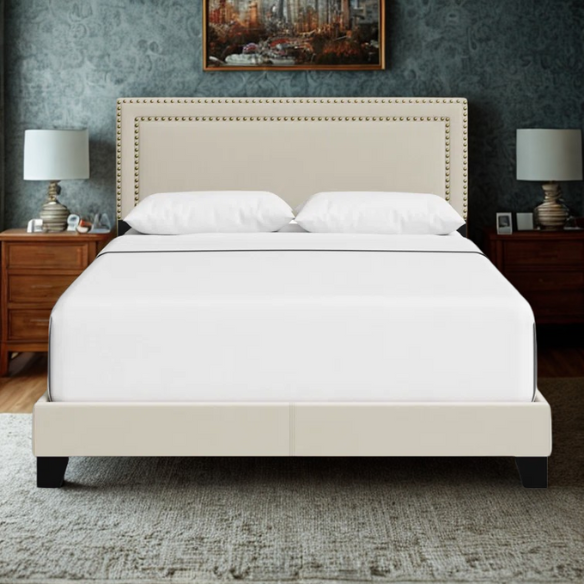 King Size Upholstered Storage Bed with Beige Linen Upholstery, Nailhead Trim, and Adjustable Bed Base Compatibility – Classic Design with Wooden Slats for Extra Support