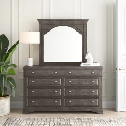 3-Piece Rustic Upholstered Panel Queen Bedroom Set in Driftwood Grey or Rustic Ivory – Includes Nightstand, Double Dresser with Mirror, and Button-Tufted Bed with Nailhead Trim