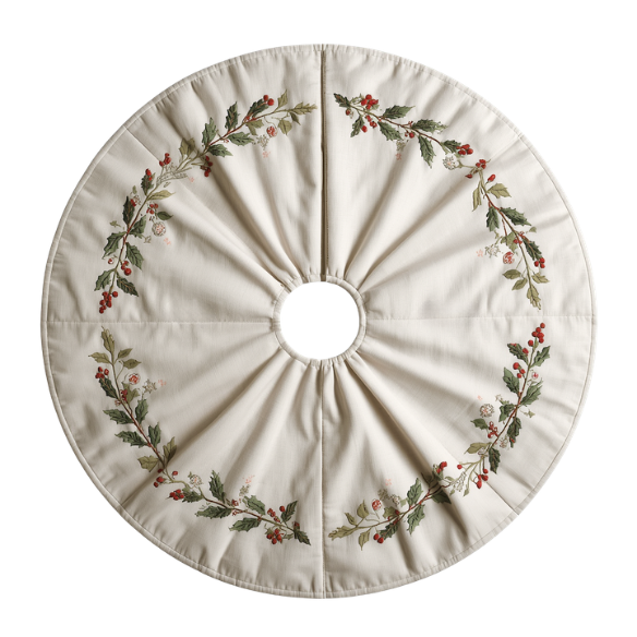 Off-White Pleated Christmas Tree Skirt with Embroidered Holly & Berry Garland