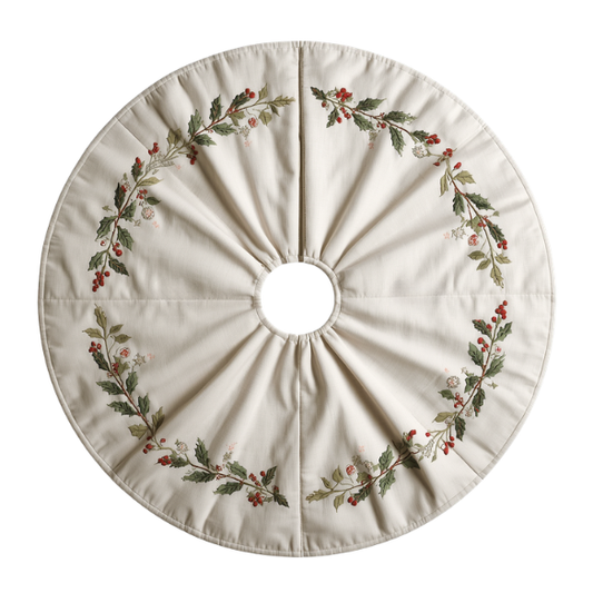 Off-White Pleated Christmas Tree Skirt with Embroidered Holly & Berry Garland