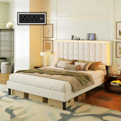 King Size Button-Tufted Platform Bed with LED Headboard, Built-in Charging Station, and Under-Bed Storage – Modern Convenience Meets Stylish Design