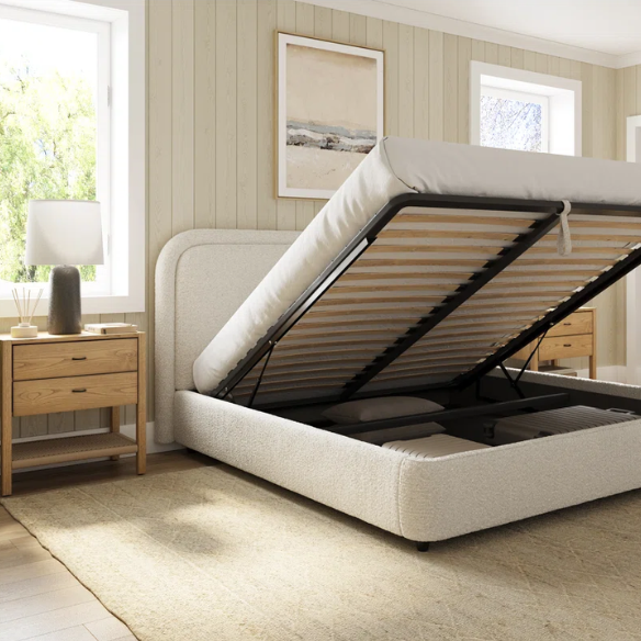 Premium Upholstered Aurora Lift-Up Storage Bed with Elegant Boucle Performance Fabric, Plush Foam-Padded Headboard, and Spacious Under-Bed Storage for a Clutter-Free Bedroom