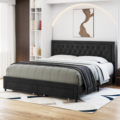 Luxurious King Size Velvet Tufted Upholstered Bed Frame with Adjustable Headboard, Button Tufting, and Nailhead Trim – No Box Spring Needed for Superior Support and Comfort