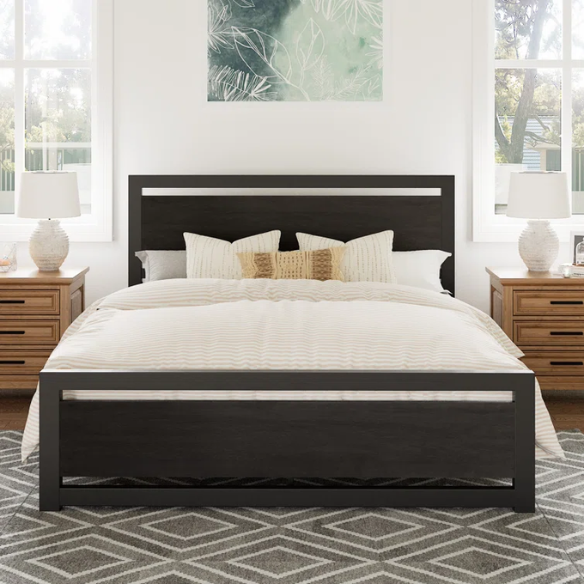 Queen Size Wood and Black Metal Frame Bed with Headboard – Modern Design with Rustic Distressed Wood Accents
