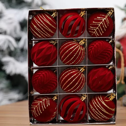 Red & Gold Velvet-Flocked Christmas Ornaments – Luxurious Shatterproof Holiday Set (12 Pieces)