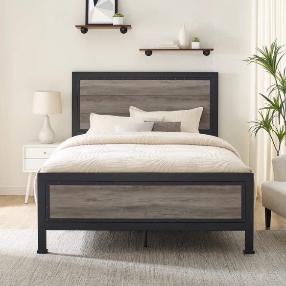 Rustic Industrial Queen Size Bed with Wood-Look Center – Sturdy and Stylish Design