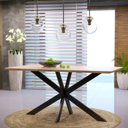 63-Inch Wood Dining Table with X-Cross Geometric Metal Base – Modern Rectangular Design, Durable MDF Top, and Sturdy Powder-Coated Base
