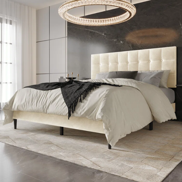 Luxurious Upholstered King Size Platform Bed with Tufted Velvet Headboard and Modern Tapered Legs – A Sophisticated Addition to Any Bedroom