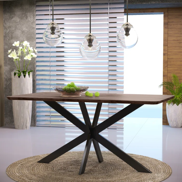 63-Inch Wood Dining Table with X-Cross Geometric Metal Base – Modern Rectangular Design, Durable MDF Top, and Sturdy Powder-Coated Base