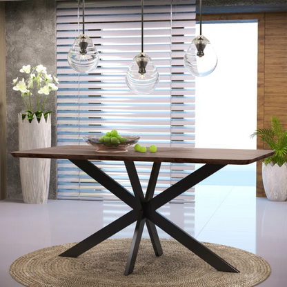 63-Inch Wood Dining Table with X-Cross Geometric Metal Base – Modern Rectangular Design, Durable MDF Top, and Sturdy Powder-Coated Base