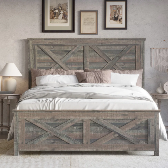 Rustic Queen Size Storage Bed with X-Shaped Wooden Paneling – Stylish and Functional Design
