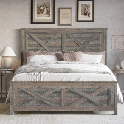Rustic Queen Size Storage Bed with X-Shaped Wooden Paneling – Stylish and Functional Design