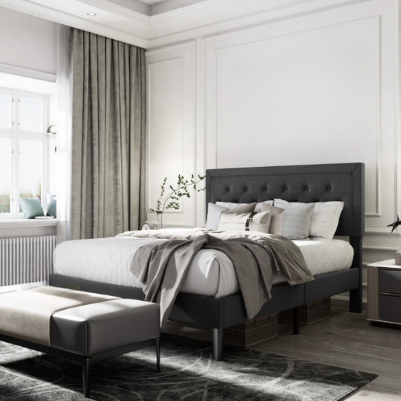 Tufted Upholstered Platform Bed – Full/Double Size with Linen Fabric, Elegant Design for Comfortable Bedrooms