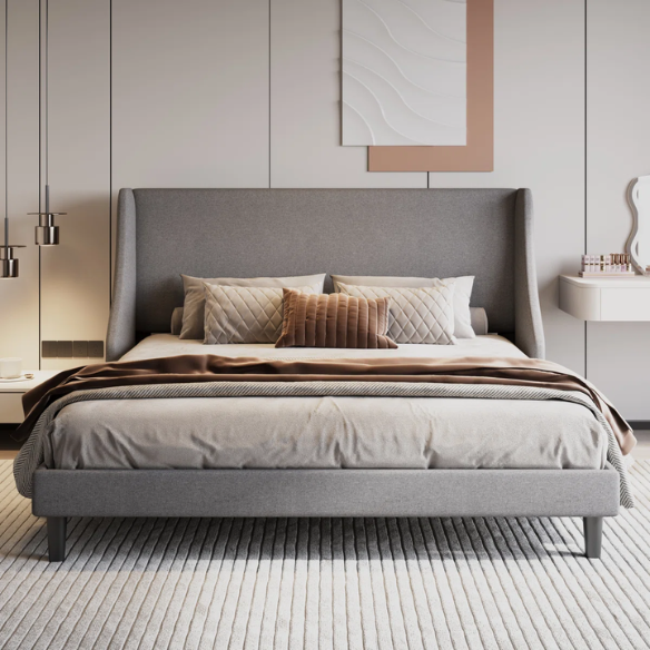 Luxurious King Size Upholstered Platform Bed with Deluxe Wingback Headboard – Soft Velvet and Linen Blend Upholstery, Sturdy Solid Wood Frame, and Modern Minimalist Design for Ultimate Comfort