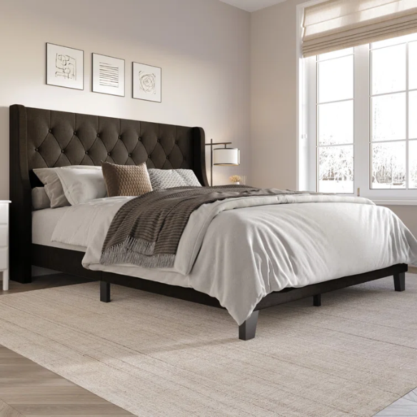 Elegant King Size Upholstered Wingback Bed with Button-Tufted Headboard – Foam-Padded for Ultimate Comfort and Support