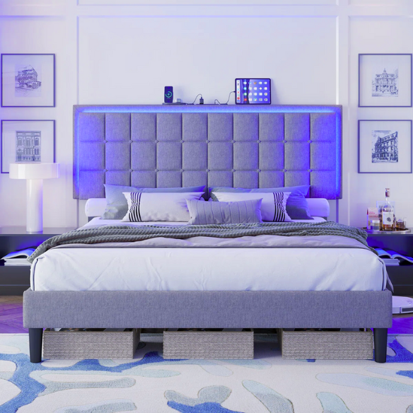 King Size Button-Tufted Platform Bed with LED Headboard, Built-in Charging Station, and Under-Bed Storage – Modern Convenience Meets Stylish Design