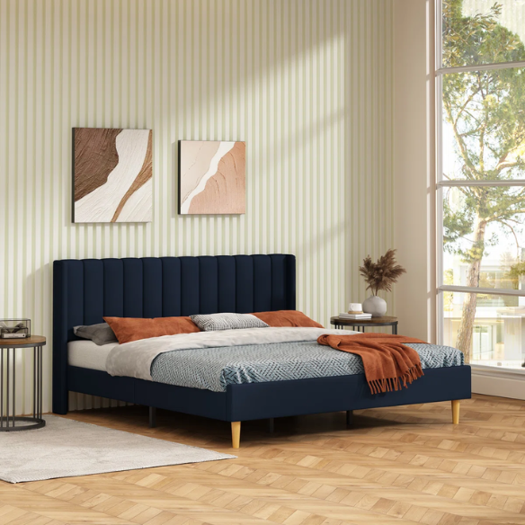 Luxury Corduroy Upholstered King Size Platform Bed Frame - Stylish Modern Wingback Design with Ultimate Comfort