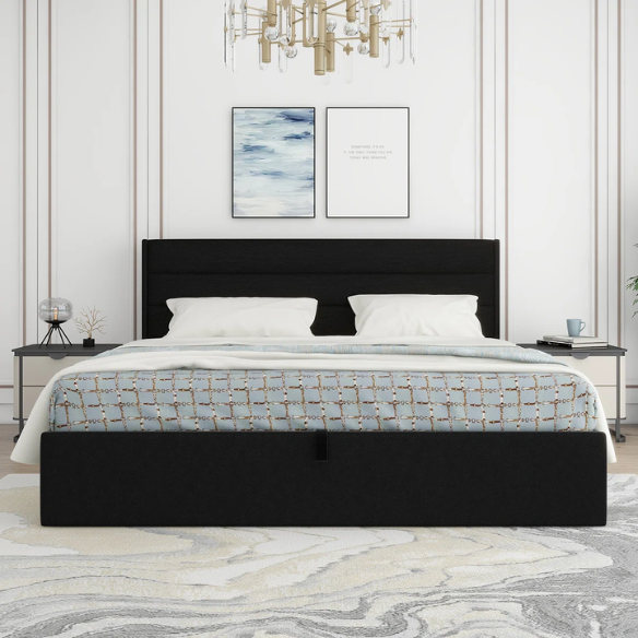 Elegant Hydraulic Lift Upholstered Storage Bed with Wingback Headboard, Linen Fabric, Button-Tufted Detailing, and Ample Under-Bed Storage for Bedding and Seasonal Items