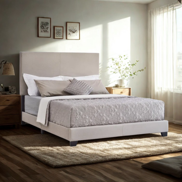 King Size Upholstered Standard Storage Bed with Simple Panel Headboard – Minimalist Design with Foam-Padded Comfort and Neutral Upholstery