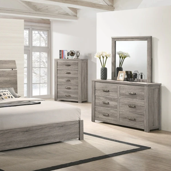 Contemporary Style Weathered Gray Wood 4-Piece Bedroom Set with Panel Bed, Dresser, Mirror, and Nightstand