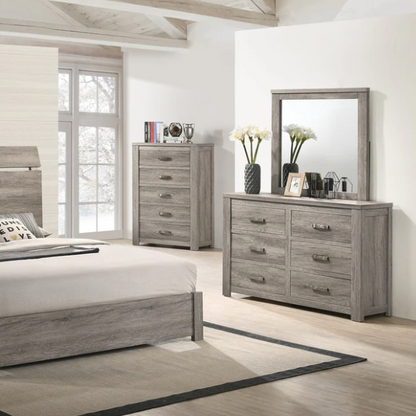 Contemporary Style Weathered Gray Wood 4-Piece Bedroom Set with Panel Bed, Dresser, Mirror, and Nightstand
