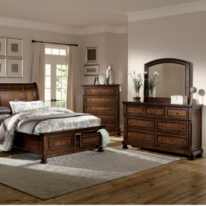 Transitional 3-Piece Queen Platform Bedroom Set with Hidden Storage – Includes Nightstand, Dresser, and Bed with Traditional Bun Feet and Rich Medium Brown Finish