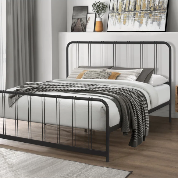 King Size Metal Slat Bed – Modern Minimalist Design with Kiln-Dried Wood Slats for Box Spring-Free Convenience and Versatile Style