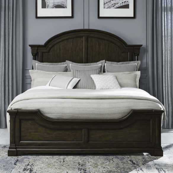 Classic Legacy Queen Bedroom Set – Bed, Dresser, Mirror, and Nightstand in Satin Cherry with Rustic Alder Veneers and Antique Brass Accents