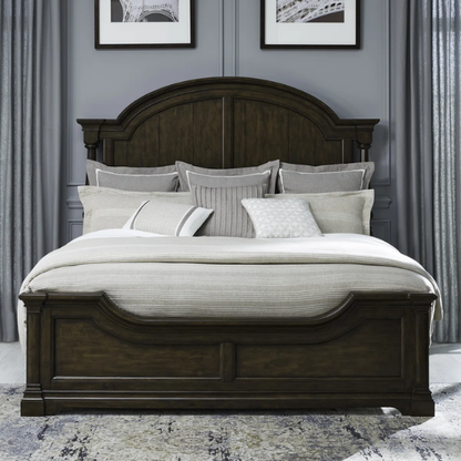 Classic Legacy Queen Bedroom Set – Bed, Dresser, Mirror, and Nightstand in Satin Cherry with Rustic Alder Veneers and Antique Brass Accents
