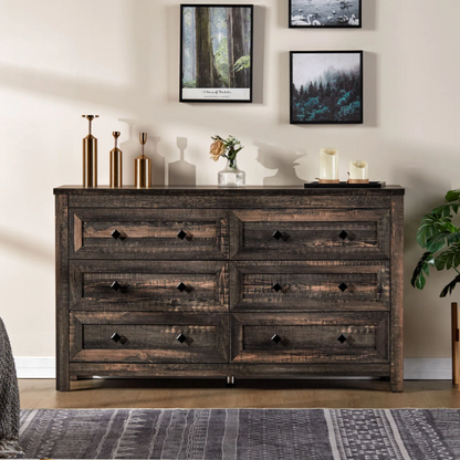 6-Drawer Dresser – A Perfect Blend of Rustic Charm and Industrial Elegance, Featuring a Clean-Lined Silhouette and Weathered Finish. Crafted from Solid and Engineered Wood