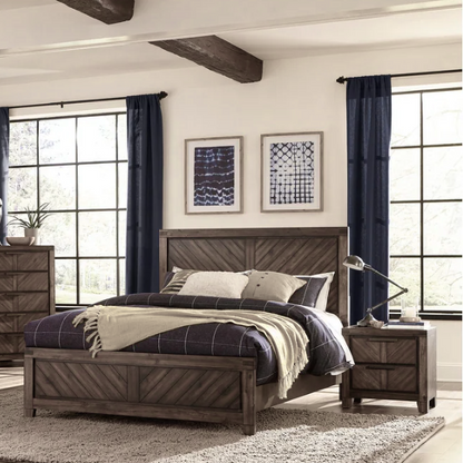 3-Piece Cherry Modern Panel Bedroom Set – Rustic Elegance with V-Matched Planks, Acacia Veneers, and Antiqued Hardware