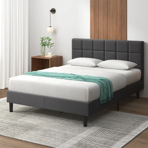 Modern King Size Upholstered Low Profile Platform Bed – Square-Tufted Headboard, Durable Steel Frame