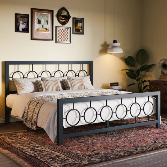 Modern King Size Metal Open-Frame Platform Bed with Art Deco-Inspired Circle Medallion Details – Sleek, Clean-Lined Design with Sturdy Metal Frame and Minimalist Aesthetic