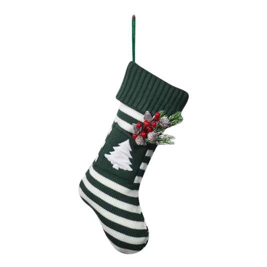 Green & White Striped Christmas Stocking with Embroidered White Christmas Tree – Holiday Decor & Gift Bag